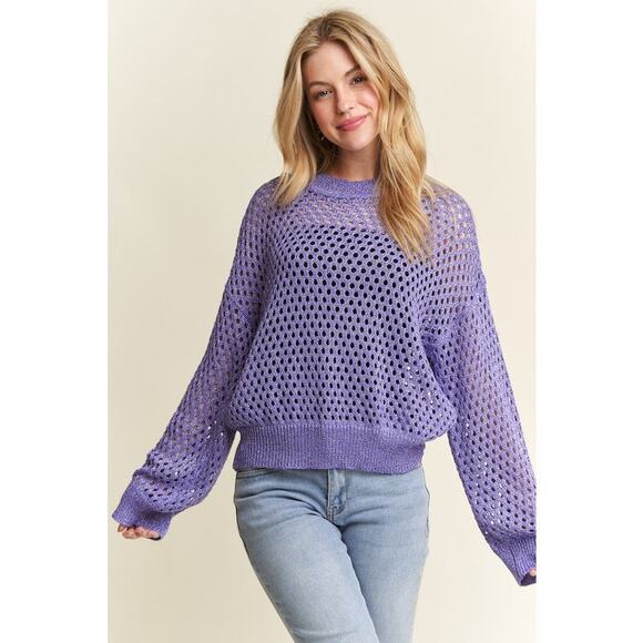 ADORA Round Neck Long Sleeves Lurex Crochet Detail Openwork Csual Top | Purple - Picture 4 of 6